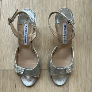 Manolo Blahnik Silver Sandals with Jewel Stone - Size 36.5 (used condition)